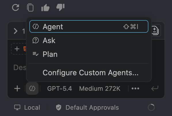 GitHub Copilot mode picker in VS Code showing Agent selected, with Ask and Plan listed as alternatives.